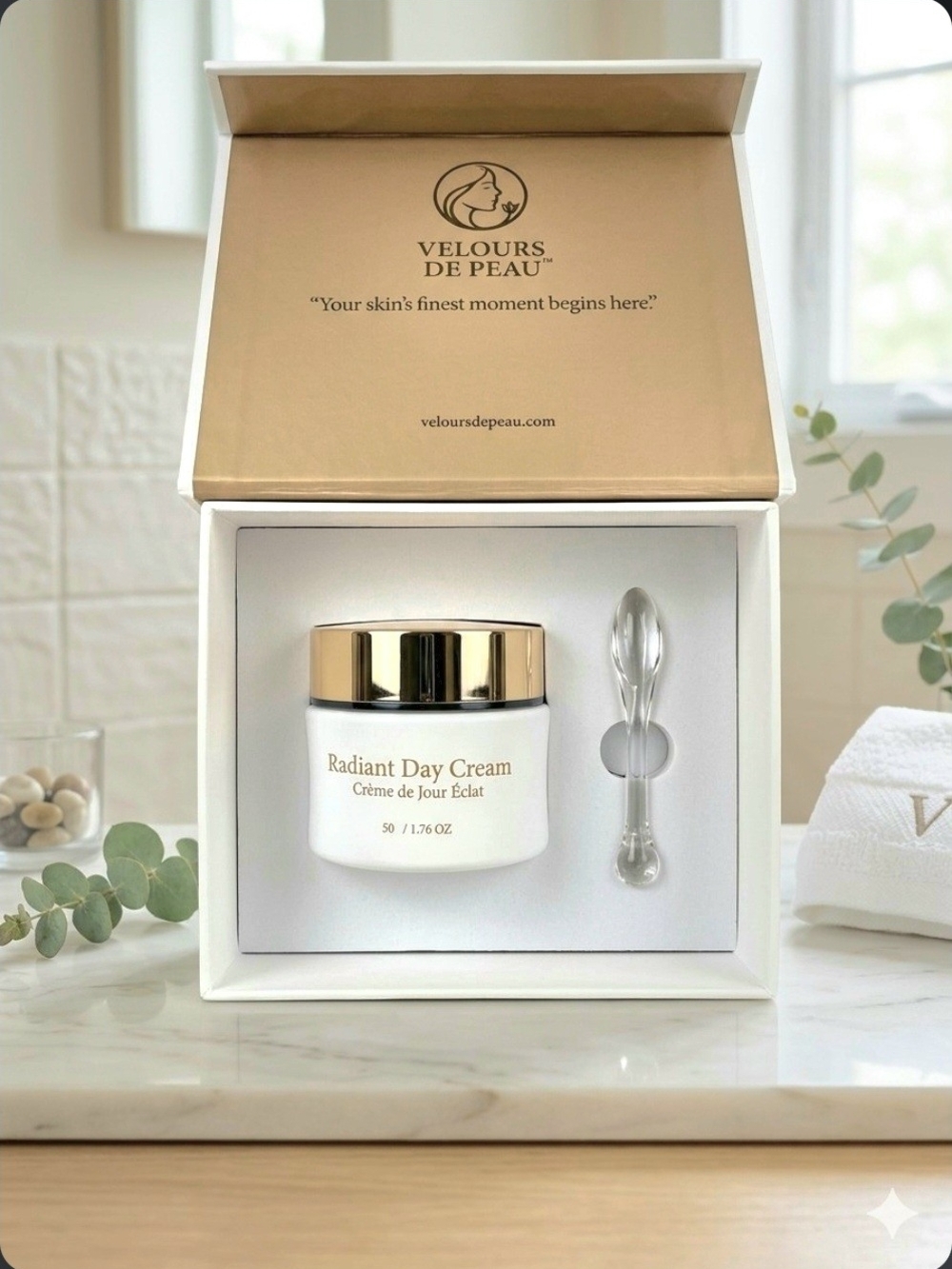 Velours De Peau Radiant Day Cream Face Moisturizer NIB New Sealed - White & Gold